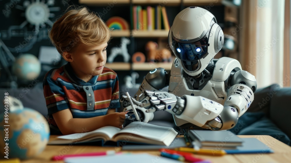 Poster robot helping a young boy with his studies in a colorful classroom setting. future education and int