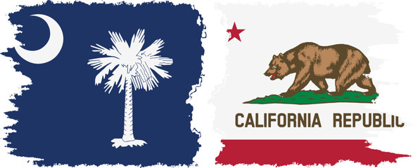 California and South Carolina states grunge brush flags connection, vector