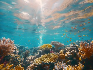 Naklejka premium Vibrant Coral Reef Teeming with Diverse Marine Life in Clear Blue Tropical Ocean Waters