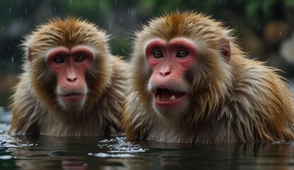 Naklejka premium Curious Monkeys in Rainy Water
