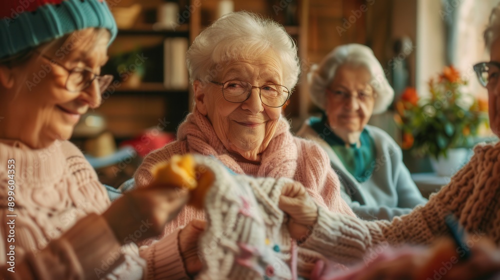 Poster elderly individuals participate in a knitting class, sharing smiles and creative ideas while craftin