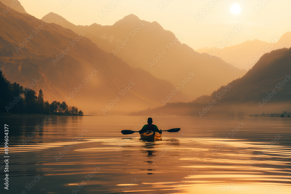 Wall mural kayaker enjoying a serene lake journey