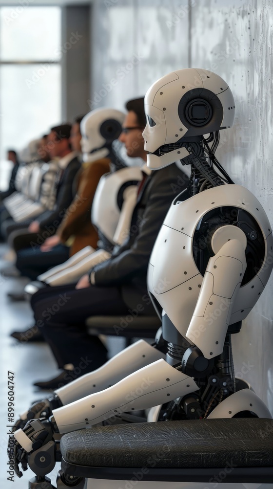 Poster Row of robots and humans sitting side by side in a waiting area for a job interview. The futuristic scene highlights the integration of AI in the workplace.