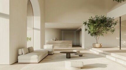 A spacious, modern living room with neutral tones, large windows, minimalist furniture, and indoor plants, creating a serene ambiance.