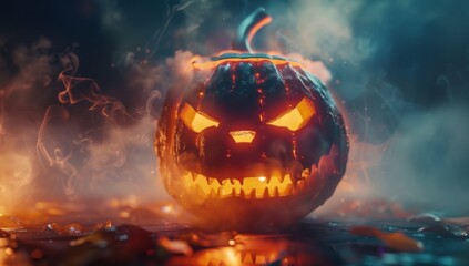 Naklejka premium Halloween pumpkin with glowing face and smoke on dark background 