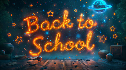 A glowing neon sign that reads Back To School is displayed in a space-themed setting with stars and a planet.