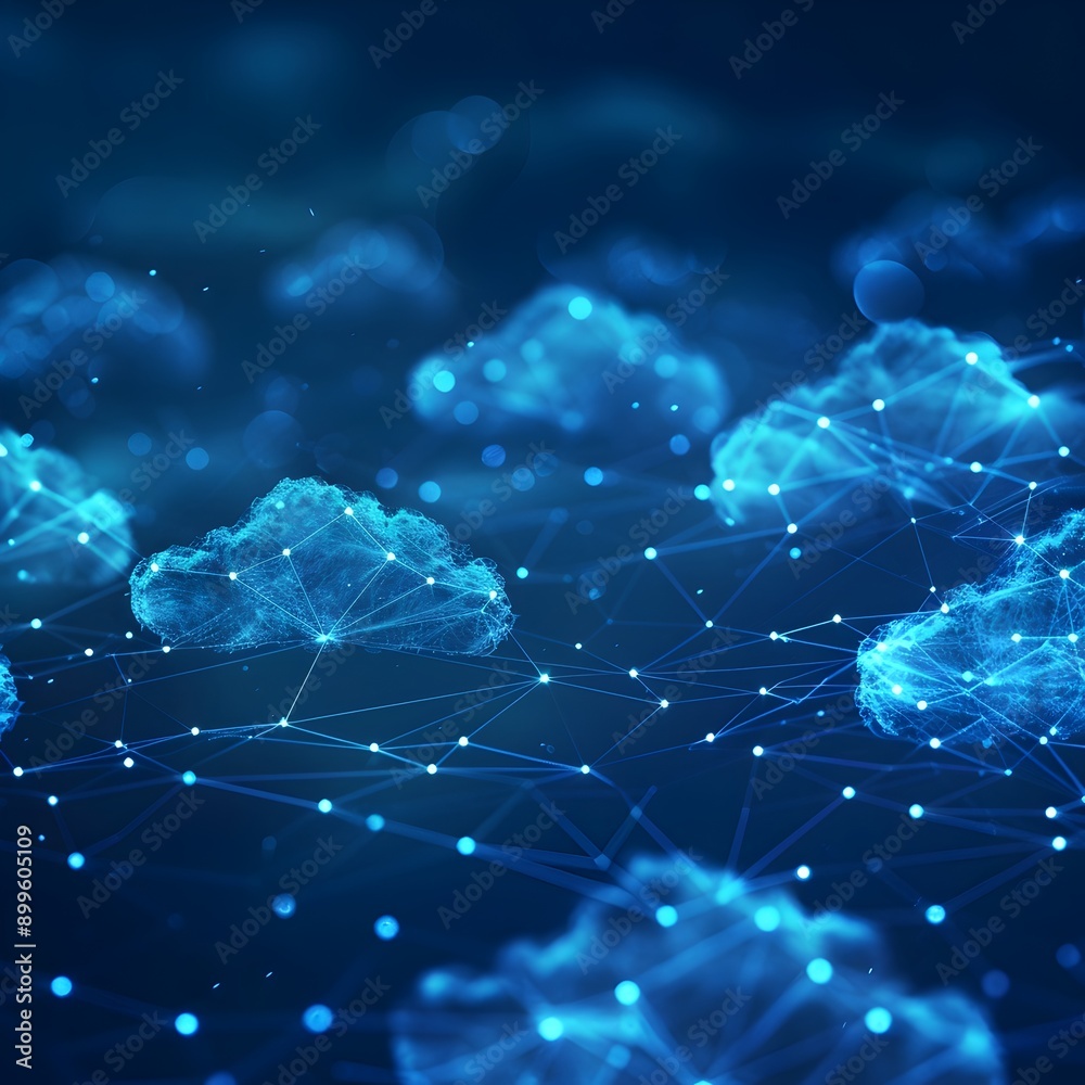 Poster interconnected cloud network technology concept with abstract nodes and lines representing digital c