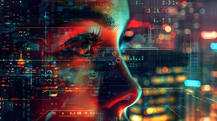 Close-up of a male face with blue and red digital overlays and circuit patterns, representing a fusion of human and machine.