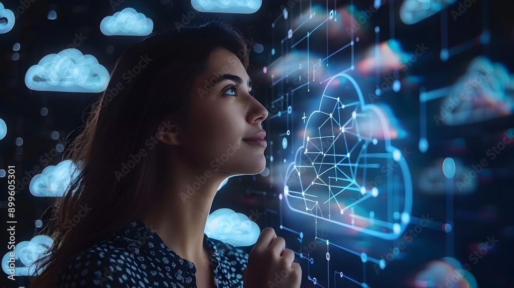Poster businesswoman interacts with augmented reality cloud computing interface for digital networking
