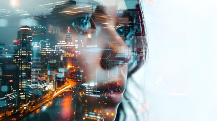 Close-up of a female face overlaid with dynamic digital patterns and cityscape reflections, conveying connectivity and urban life.