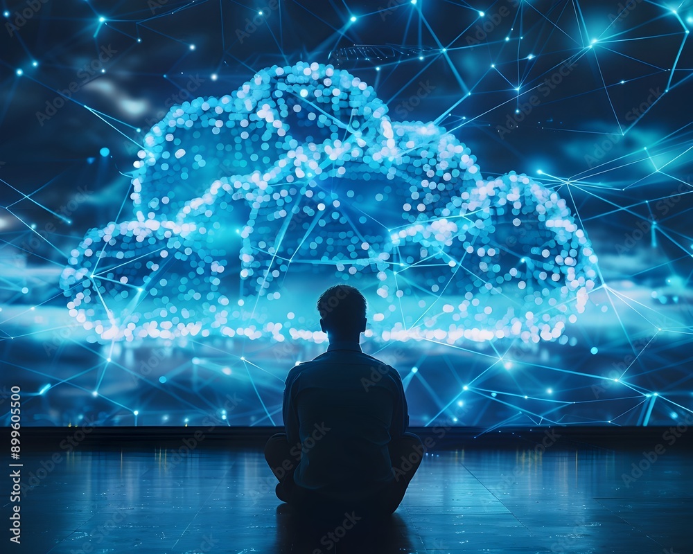 Poster businessman viewing digital cloud screen with data visualization and network connections representin