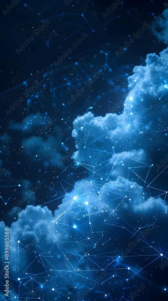 Poster abstract digital cloud network nodes with dark futuristic background representing business technolog