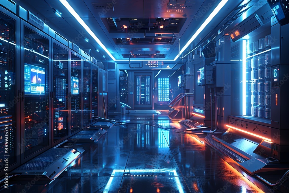 Poster advanced server room equipped with holographic interfaces and dynamic lighting technology. generativ