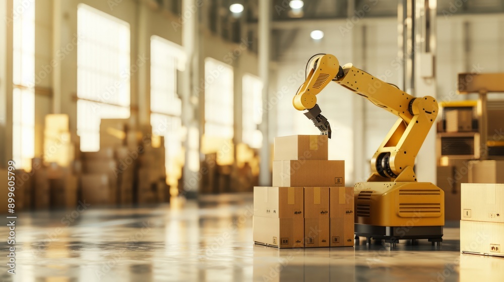 Poster Yellow robotic arm stacking boxes in a bright warehouse. Automation and advanced robotics in logistics and storage.
