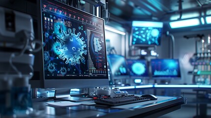 Computer Screen Showing Coronavirus Structure in a Futuristic Laboratory