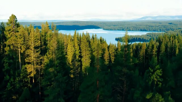 Aerial View of a Swedish Forest and Lake at Sunset