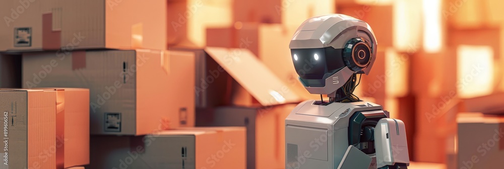 Aufkleber cute humanoid robot among cardboard boxes in a warm warehouse setting. concept of ai and robotics in