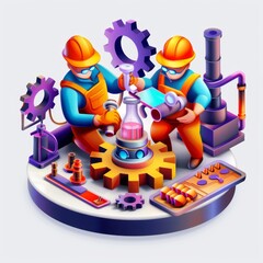 Fototapeta premium Two men in orange safety gear are working on a machine with a purple liquid