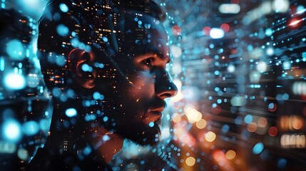 A digital portrait of a face with futuristic blue overlays and cybernetic details against a cityscape at night.