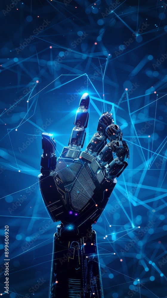 Aufkleber robotic hand pointing upwards with a glowing network background. symbolizes ai advancement and futur
