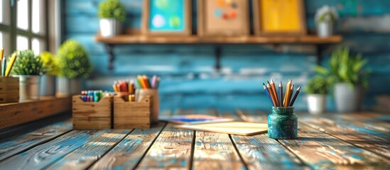 Artistic Workspace with Colorful Pencils and Wooden Table