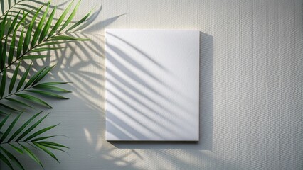 1 vertical sheets of textured white paper on soft gray table background. Mockup overlay with the plant shadows. Natural light casts shadows from an exotic plant. Horizontal orientation