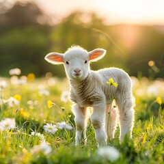 Obraz premium Adorable Baby Lamb Frolicking in Vibrant Sunny Meadow on the Farm