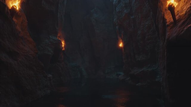Animation of a passage through dark cave with burning torches.