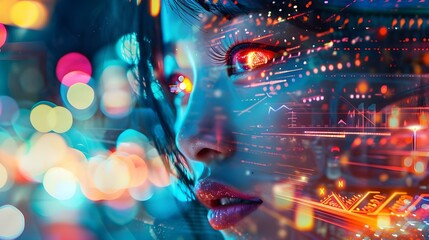 A surreal digital composite of a woman's profile bathed in blue and pink lights, surrounded by digital interfaces, depicting her deep integration with the digital world.