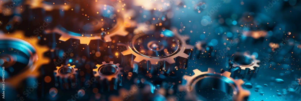 Poster abstract background of gears and cogwheels with blue and orange highlights. symbol of innovation and
