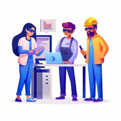 Three people are standing around a table with a laptop