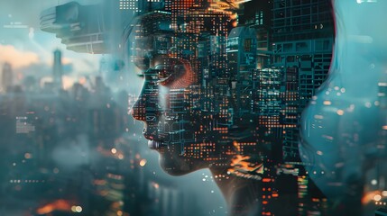 A haunting image of a man's face merging with a dark digital cityscape, his features dissolving into code and data streams, reflecting themes of identity and digital existence