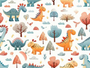 Fototapeta premium Colorful cartoon dinosaur pattern with trees and clouds, perfect for kids' backgrounds, designs, and creative projects.