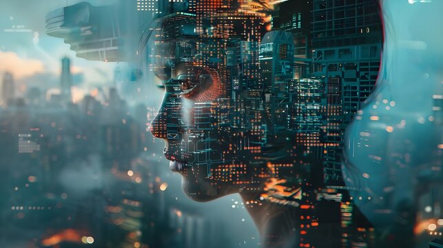A haunting image of a man's face merging with a dark digital cityscape, his features dissolving into code and data streams, reflecting themes of identity and digital existence