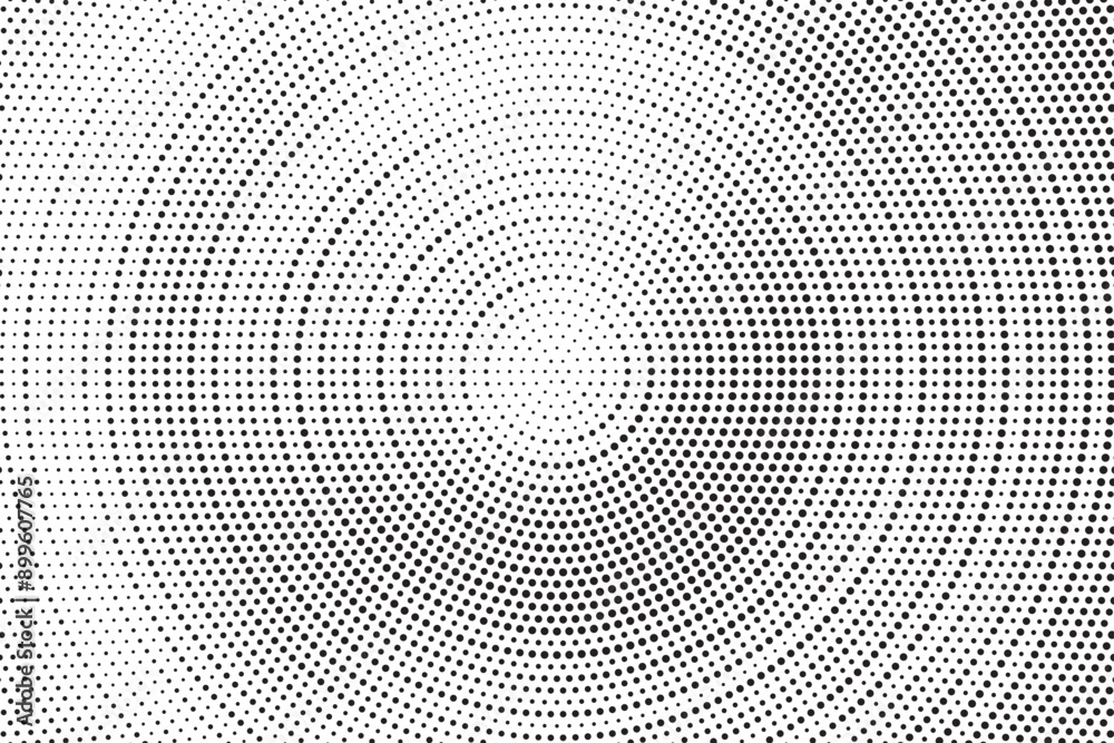 Aufkleber Radial halftone gradient background. Dotted concentric texture with fading effect. Black and white circle shade wallpaper. Grunge rough vector. Monochrome backdrop.