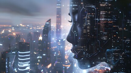 A side profile of a man superimposed over a futuristic cityscape at night, highlighted by vibrant neon lights and digital elements, evoking a sense of forward-thinking and urban integration.