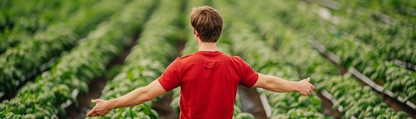A person enjoys the vastness of a green field, embracing nature in a scenic agricultural landscape.