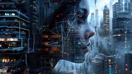 A hauntingly beautiful depiction of a woman's face merging with a dark, digital cityscape, reflecting themes of isolation and urban anonymity.