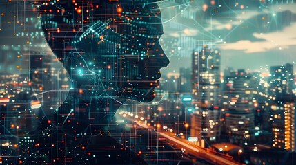 A digital composite image of a woman's face overlaid with vibrant, multi-colored lights from an urban nightscape, symbolizing the vibrant energy of city life.