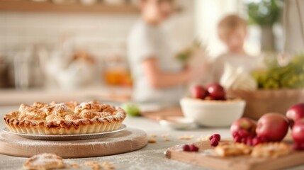 Homemade apple pie on wooden board in cozy kitchen setting with family in background