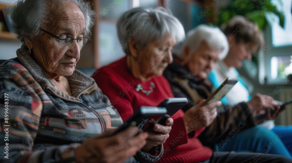 Aufkleber A group of elderly people focused on their mobile devices, showcasing their interaction with technology in a warm and inviting environment. Generative AI
