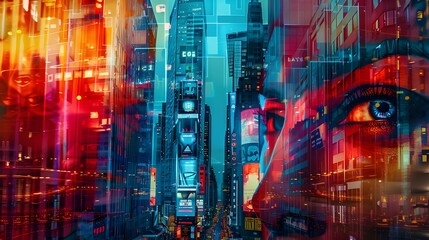 A vibrant and colorful depiction of urban and digital chaos, with red and blue neon lights overlaying a cityscape, creating a dynamic and energetic visual.