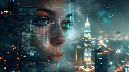 A woman's face with a transparent, high-tech overlay, showing a cityscape in the background, blending her features with urban elements in shades of blue and gray.