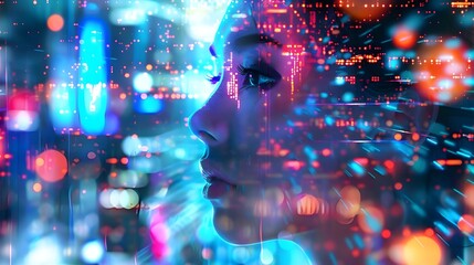 A close-up of a woman’s face with vivid pink and blue digital overlays, against a blurred background filled with vibrant technological motifs, portraying a cybernetic and futuristic persona.
