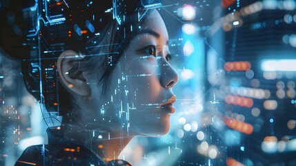 Close-up of a woman's face overlaid with intricate light blue digital enhancements, viewed from the side against a blurred technological backdrop.