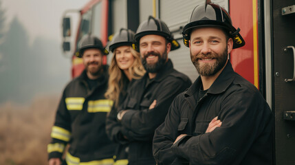 Fototapeta premium Group of confident firefighters posing in front of fire truck, smiling and ready for action