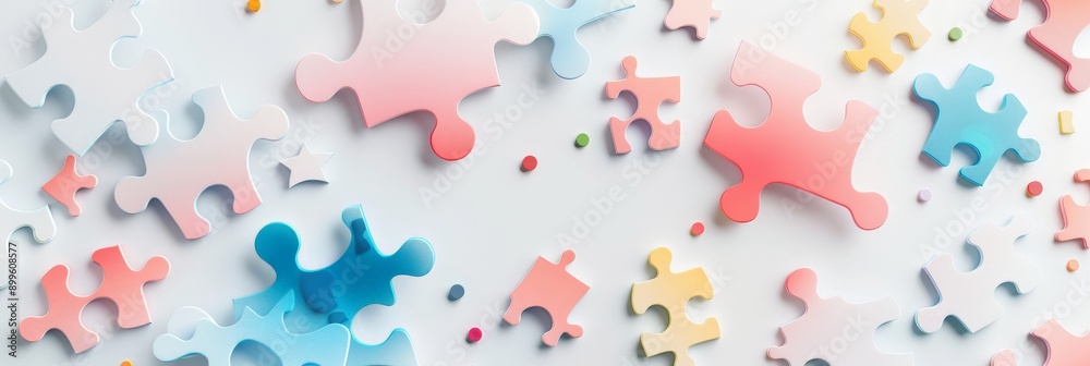 Poster scattered pastel-colored puzzle pieces on a white background. concept of creativity and problem-solv