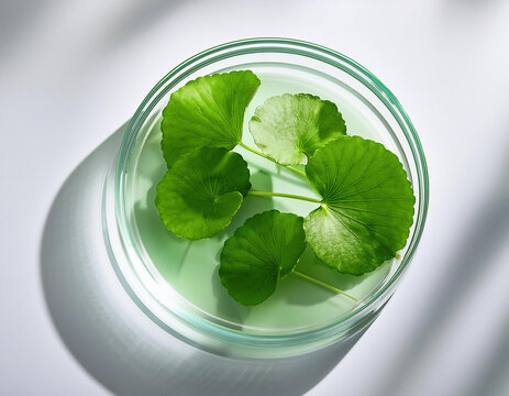 Fresh green leaves of centella asiatica in petri dish on white background
