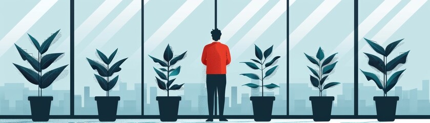 Naklejka premium A person stands by a large window, surrounded by plants, enjoying a serene view of the cityscape.