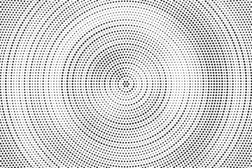 Radial halftone gradient background. Dotted concentric texture with fading effect. Black and white circle shade wallpaper. Grunge rough vector. Monochrome backdrop